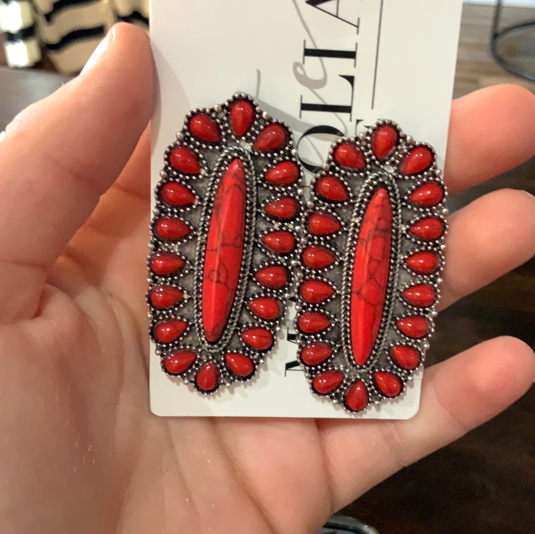 Red Oval Squash Blossom Earrings